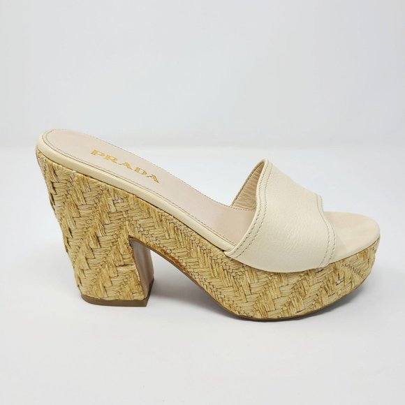 Prada Ivory Leather Slip On Wedge Sandals - Picture 3 of 13